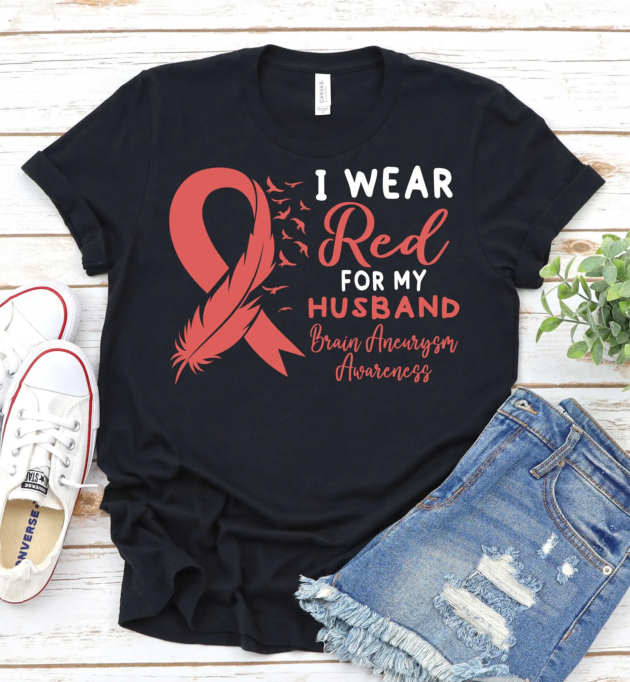 Brain Aneurysm Awareness T Shirt Red Ribbon Rupture Support Husband Cerebral