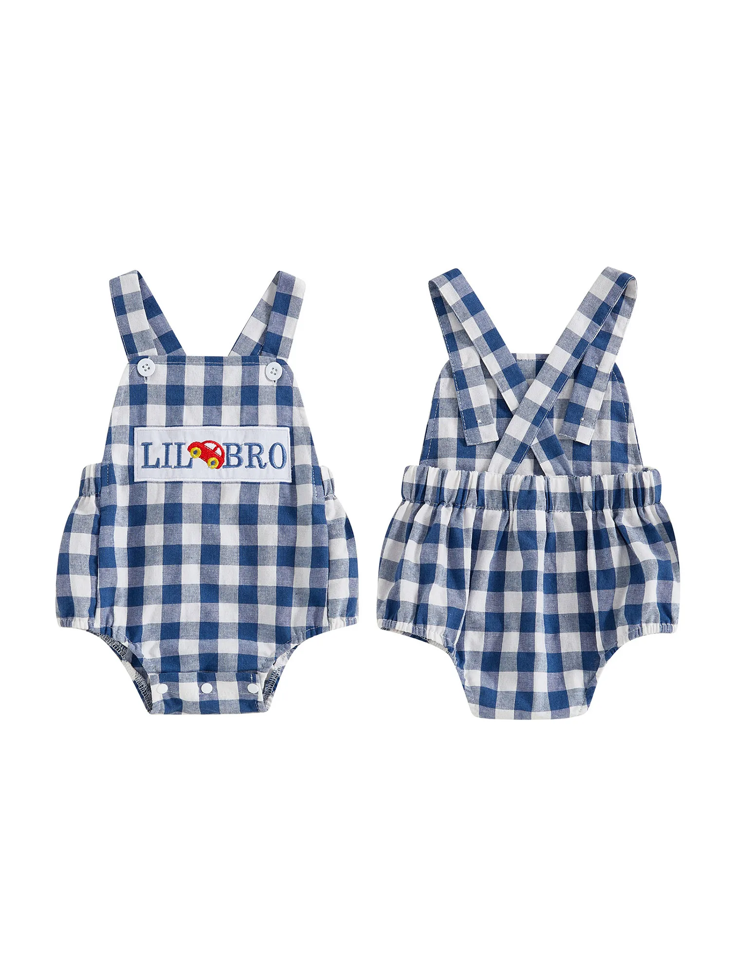 여름 점프슈트를 위한 자동차 자수와 뒤 크로스 디자인이 있는 유아 소년 민소매 격자 무늬 롬퍼 작업복