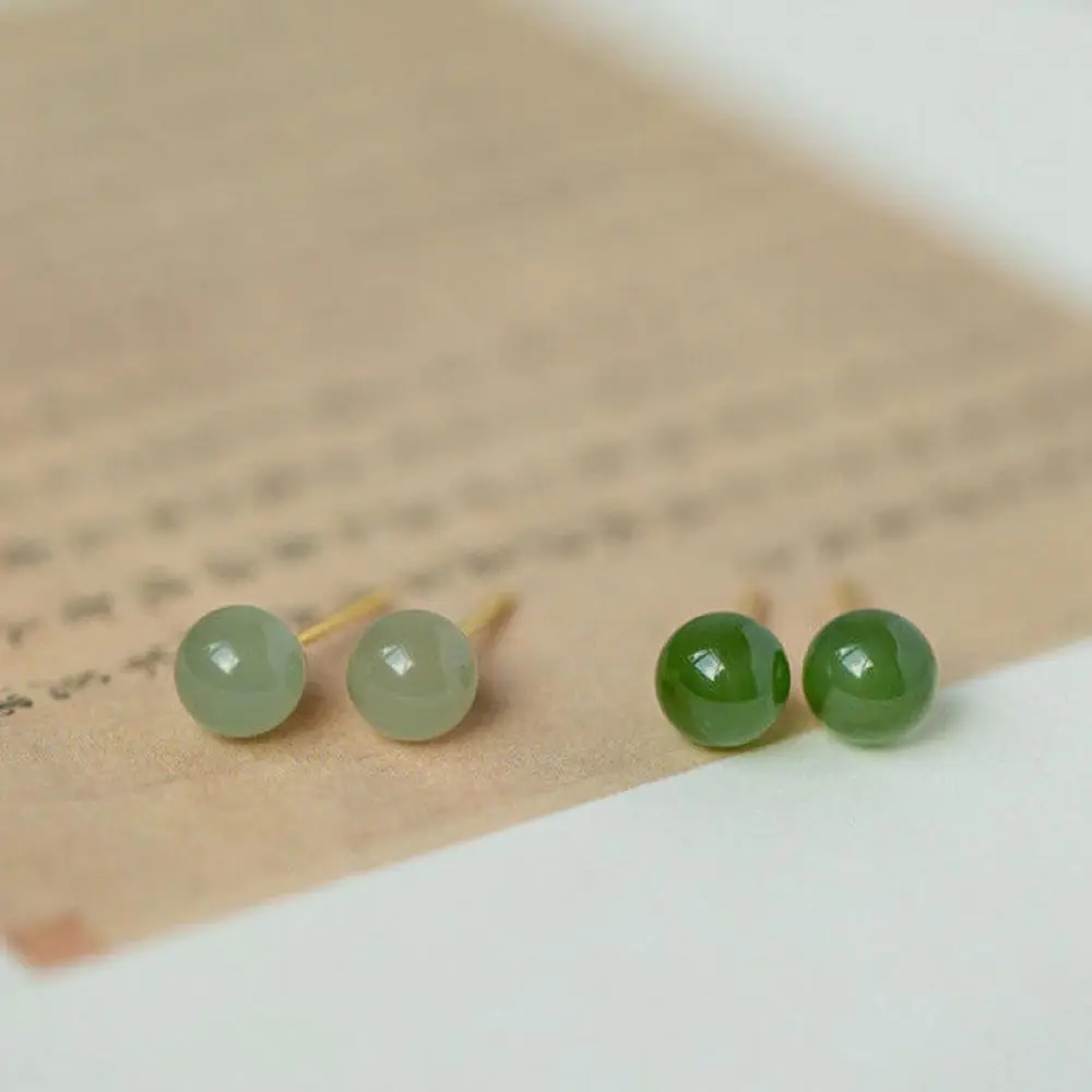 High-level Sense Hetian Jade Earrings Exquisite Geometry Bead Stud Earrings Green Round Mini Earrings