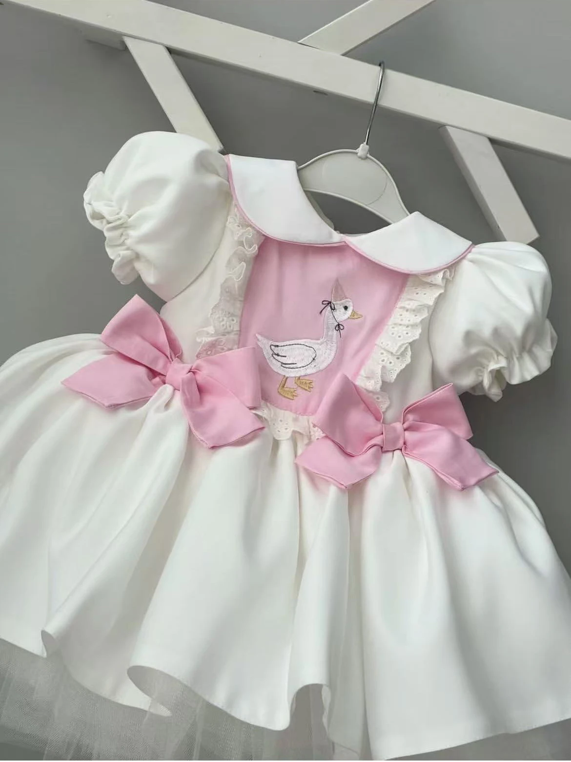 0-12Y Baby Girl Summer White Duck Embroidery Vintage Princess Dress for Birthday Photography Holiday Eid B566