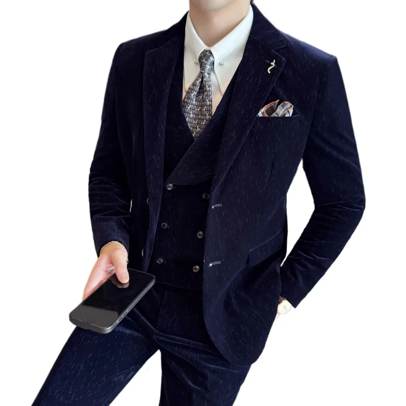 Вельветовый свадебный костюм в темно-синюю метеоритную полоску 2025 года для мужчин, модный повседневный мужской пиджак + брюки + жилет, комплект из 2 предметов, азиатские размеры Вельветовый свадебный костюм в темно-синюю метеоритную полоску 2025 года для мужчин, модный повседневный мужской пиджак + брюки + жилет, комплект из 2 предметов, азиатские размеры