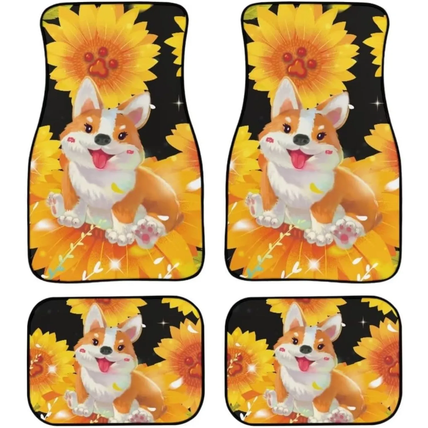 Adorable Vehicle Floor Mats With Cartoon Design And Sunflower Print - Auto Additions For Dust Protection And All-Weather Use, Un