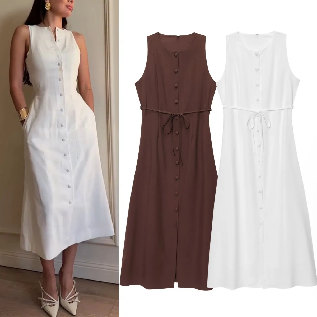 ETJ 2025 neues Damenkleid, elegante Mode, Retro-Rundhalsausschnitt, ärmellos, Gürtel, Taille, langes Kleid, Urlaub, Partykleid