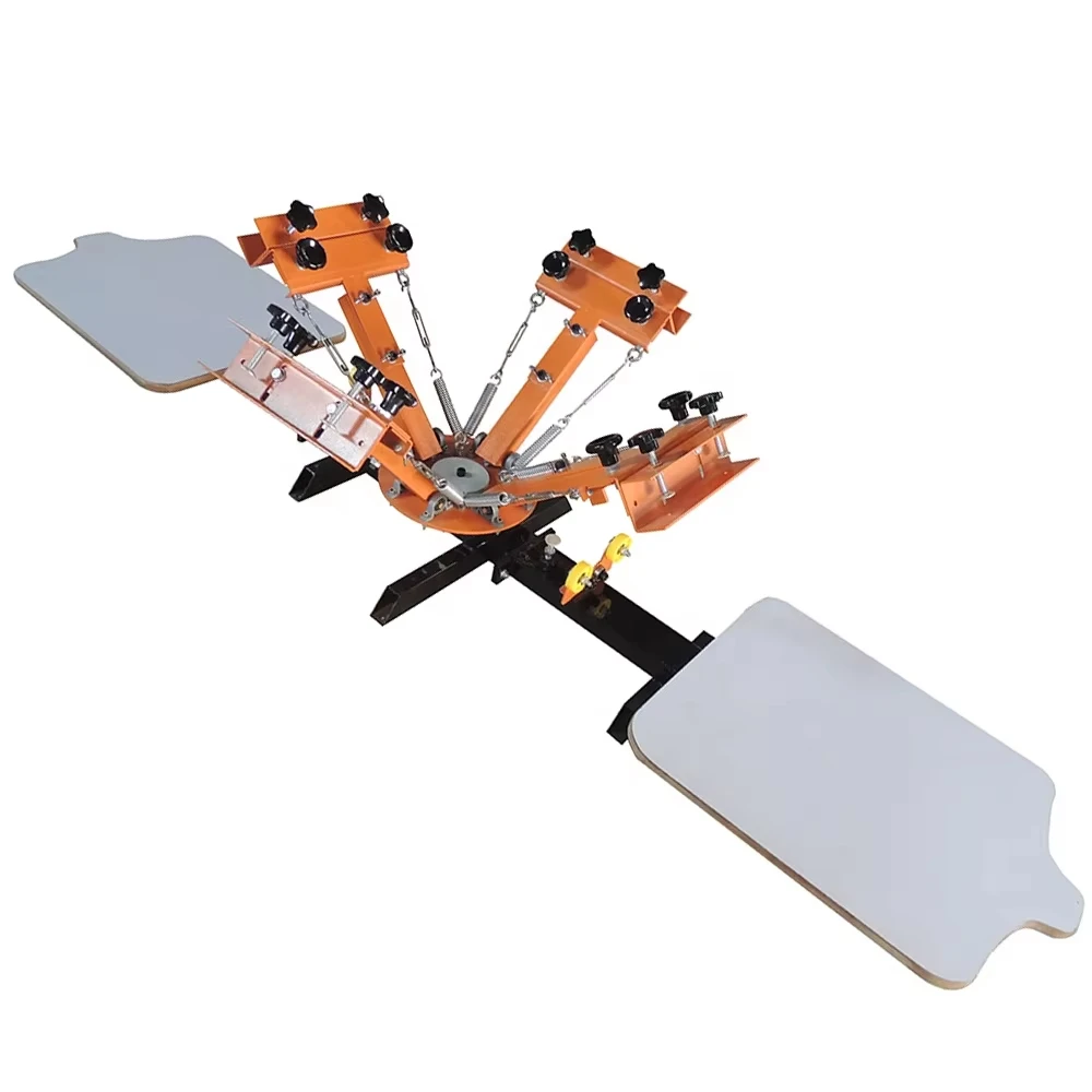 آلة طباعة الشاشة الحريرية تي شيرت دائري 4 ألوان 2 محطة طابعة شاشة يدوية