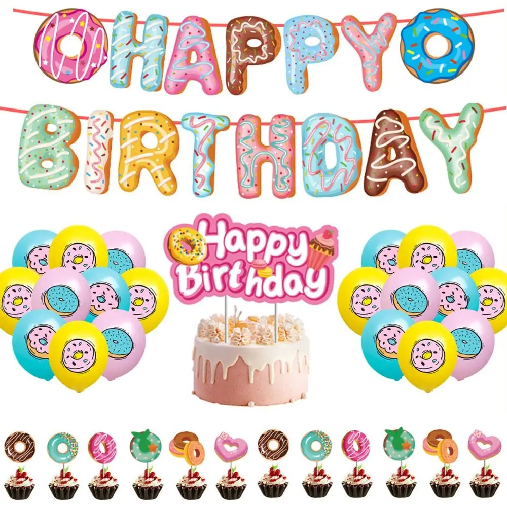 Kawaii Doughnut Printing Flag Creative Donut Cake Toppers Cartoon Colorful Hanging Banner Funny Sweet Party Supplies