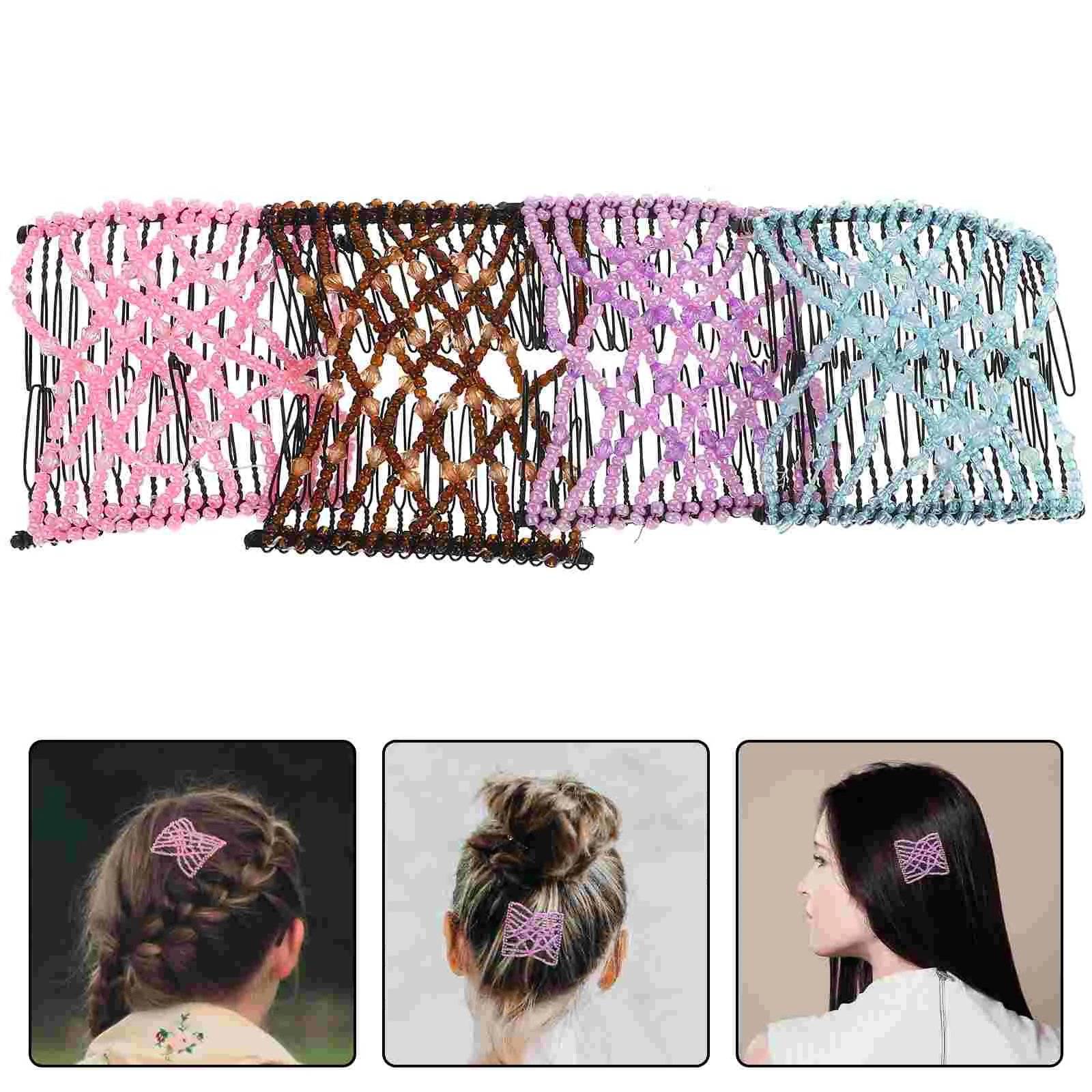 4pcs Fashion Variety Beaded Hairpins Stretchy Hair Combs Clips Hair Styling Accessories for Women Girls