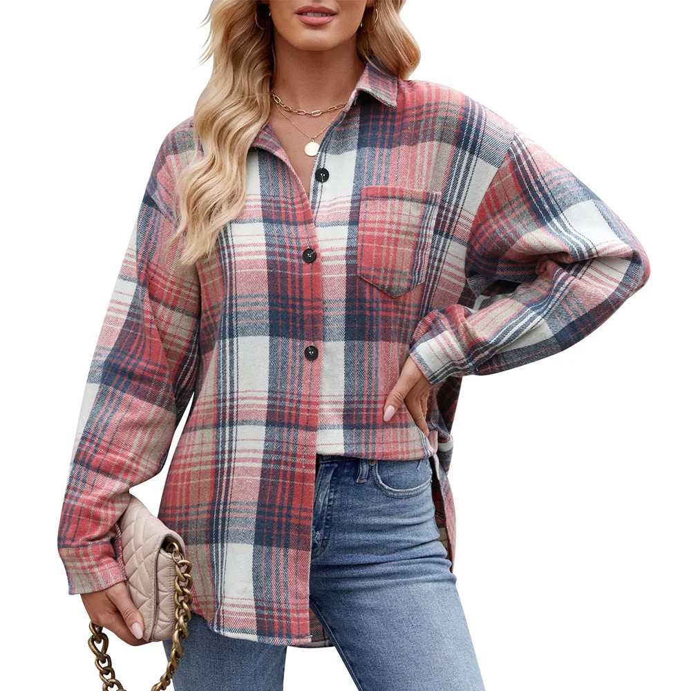 2024 Spring Autumn Women\'s Blouses Female Thousand Bird Plaid Button Down Flannel Shirt Women Casual Lapel Long Sleeve T-shirt