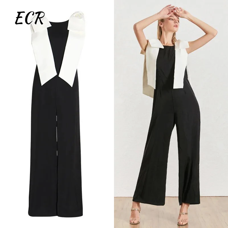 ECR Hit Color Patchwork Bowknot Casual Jumpsuits For Women Round Neck Sleeveless Minimalist Loose Wide Leg Pants Female Style