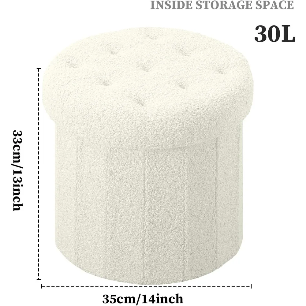 Ronde opbergruimte poef voetenbank, faux teddy fluwelen poef met opbergruimte, voetsteun voor woonkamer slaapkamer of slaapzaal (crème wit