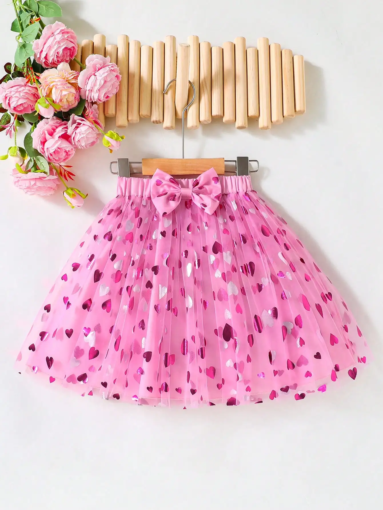 

Розовая тюлевая юбка с принтом в виде сердечек и бантом на талии для девочек, нарядная одежда для вечеринок