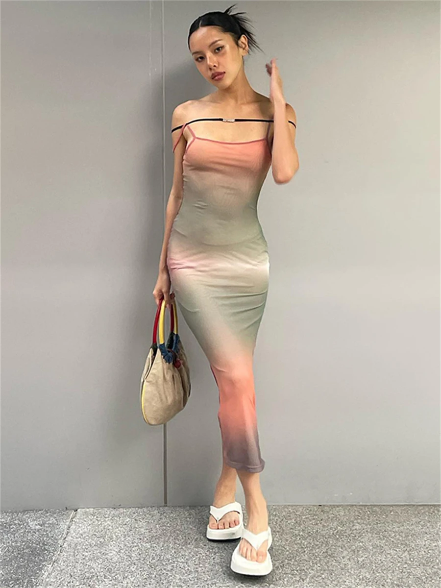 Wsevypo Gradiënt Kleur Spaghettibandjes Bodycon Jurk Zomer Vrouwen Mouwloze Sling Fishtail Zonnejurk Street Beach Wear Outfit