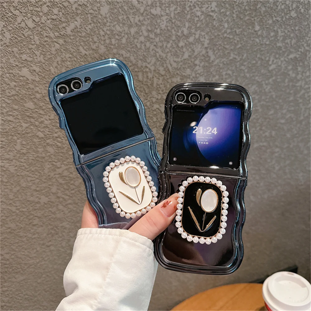 Pearl Tulip Stand Bracket Holder Phone Case for Samsung Galaxy Z Flip 5 4 3 Zflip5 Z Flip3 Flip4 Electroplated Wave Border Cover