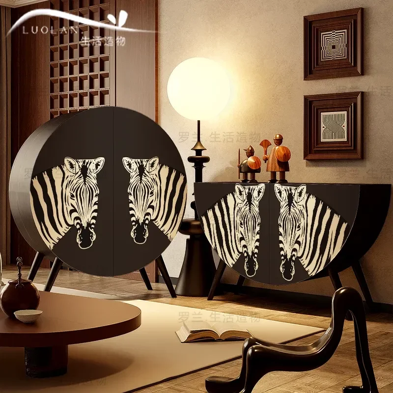 Abstract Zebra Pattern Solid Wood Round Cabinet Entryway Decorative Art Storage Unit for Living Room Tea and Household Items