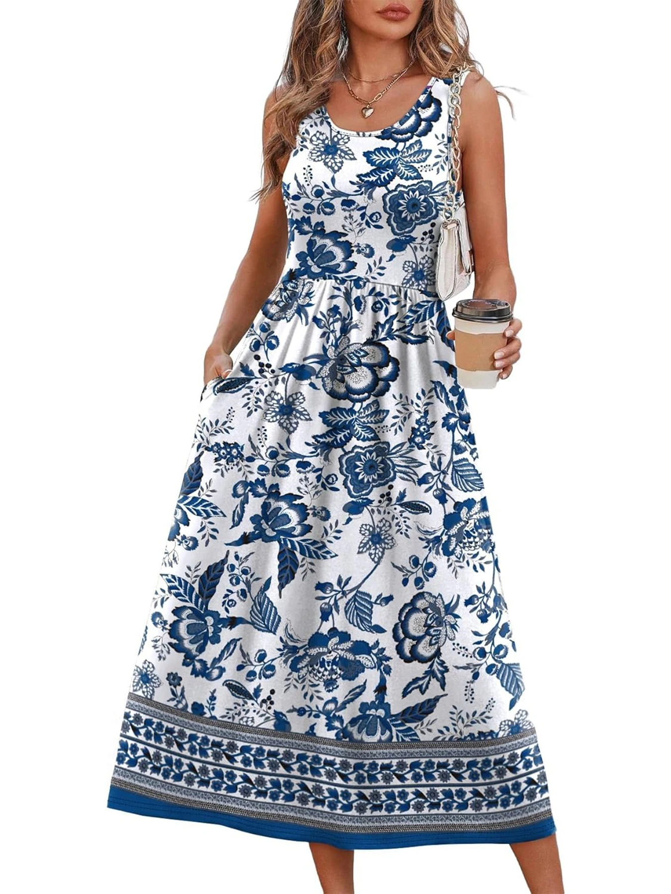2026 Sommer Neue Kleider für Damen Bedrucktes Lässiges Midikleid Modisches Ärmelloses Rundhals-Strandkleid mit Taschen – Detail 22