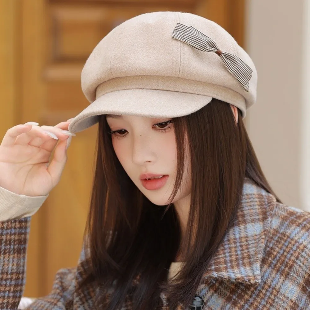 

Casual Wool Bow Beret Warm Solid Color Newsboy Hat Korean Style Y2k Octagonal Cap Girls