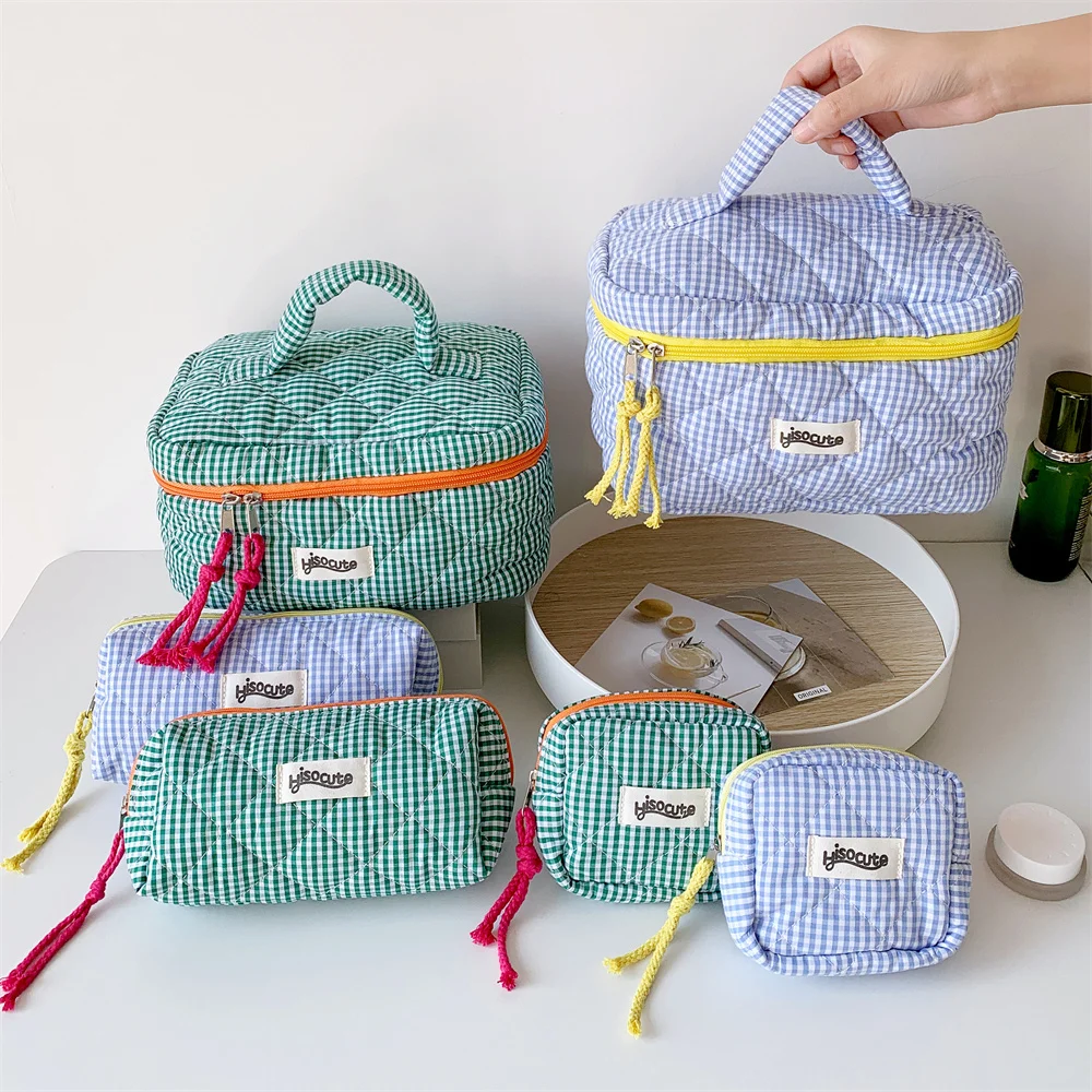 3pcs/Set Plaid Cosmetic Bag Set Simple Style Large Capacity Portable Cosmetic Tools Storage Bag for Home Bathroom Toiletry Bag