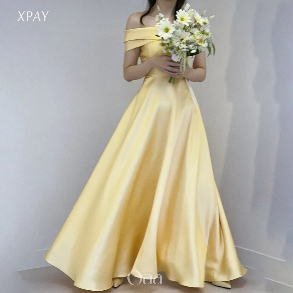 

XPAY Fairy Yellow Strapless Satin A-Line Evening Party Dresses Korea Corset/Zipper Back With shawl Event Prom Gowns Customized
