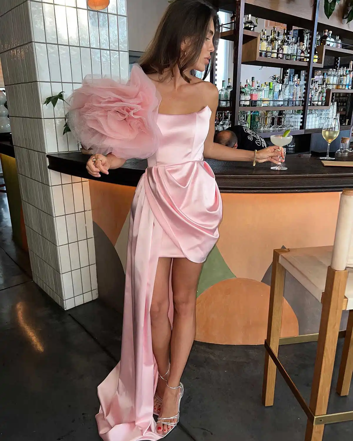 Women Elegant Prom Dress Slim Pink Bandage Satin Party Clothing Solid Color Strapless 3D Flowers  Evening Gowns