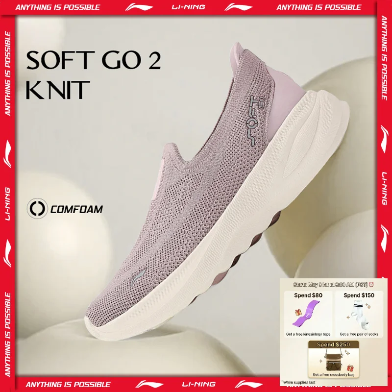 

Li-Ning Women's SOFT GO 2 KNIT Slip-on Casual Walking Shoes Breathable Cushion Flexible LiNing Comfortable Sneakers AGLV018