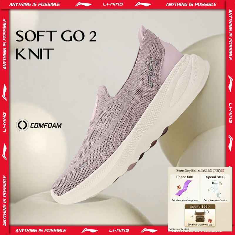  Li-Ning Women's SOFT GO 2 KNIT Slip-on Casual Walking Shoes Breathable Cushion Flexible LiNing Comfortable Sneakers AGLV018 