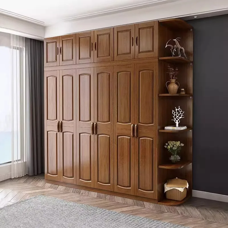 Solid wood log All solid wood wardrobe Opposite door Wooden three four five door New Chinese wardrobe