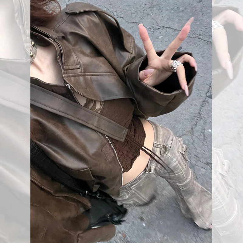 Jaet en cuir marron rétro américain pour femme, manteau d'automne et d'hiver, petite taille, moto Jaet Fraance Sle