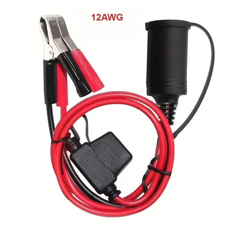 12AWG HeavyDuty CigaretteLighter Plug To Alligator‑Clips Extension Cable OverCurrent Fuse Protected Wire for Marine Boat Battery