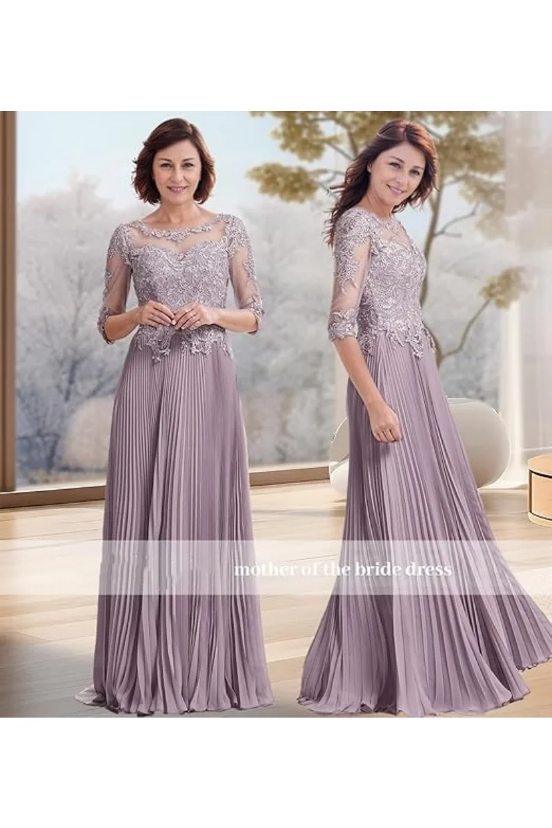 

3/4 Sleeve Mother of The Bride Dresses for Wedding Long Pleated Chiffon Lace Applique Formal Evening Dresses