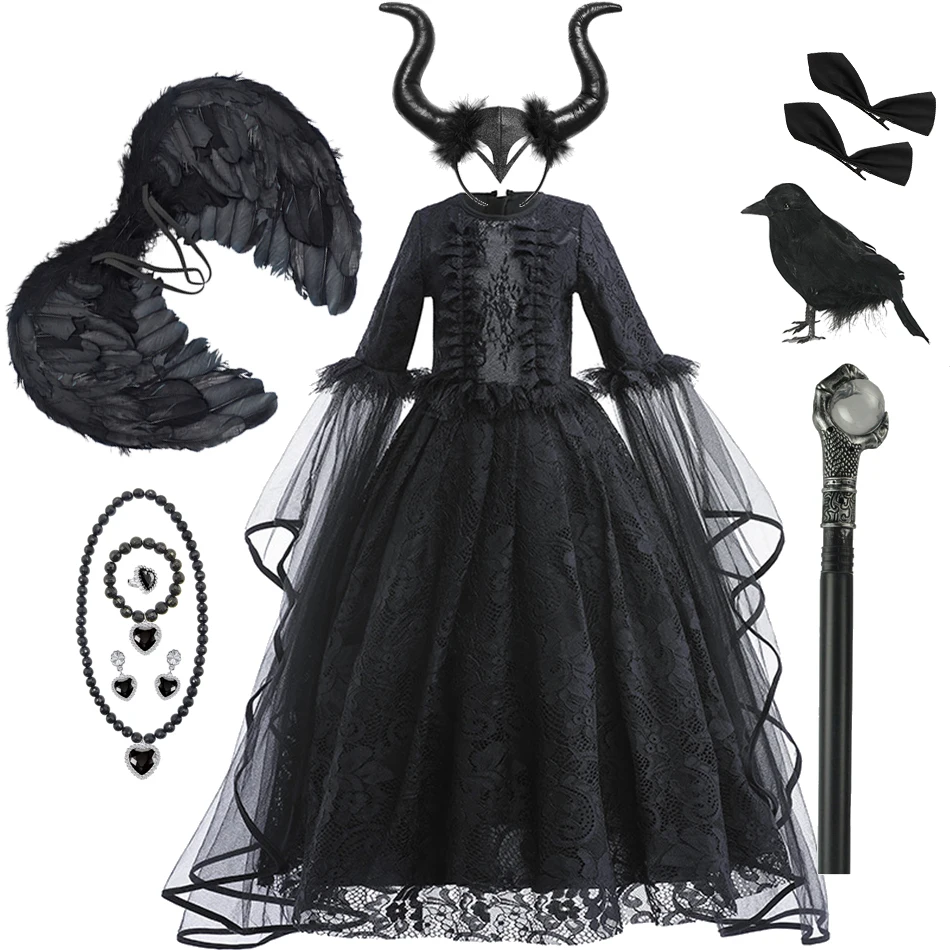 Girl Witch Dress Kids Long Sleeve Black Lace Gown Halloween Party Evil Role Playing Costume Carnival Cosplay Outfits