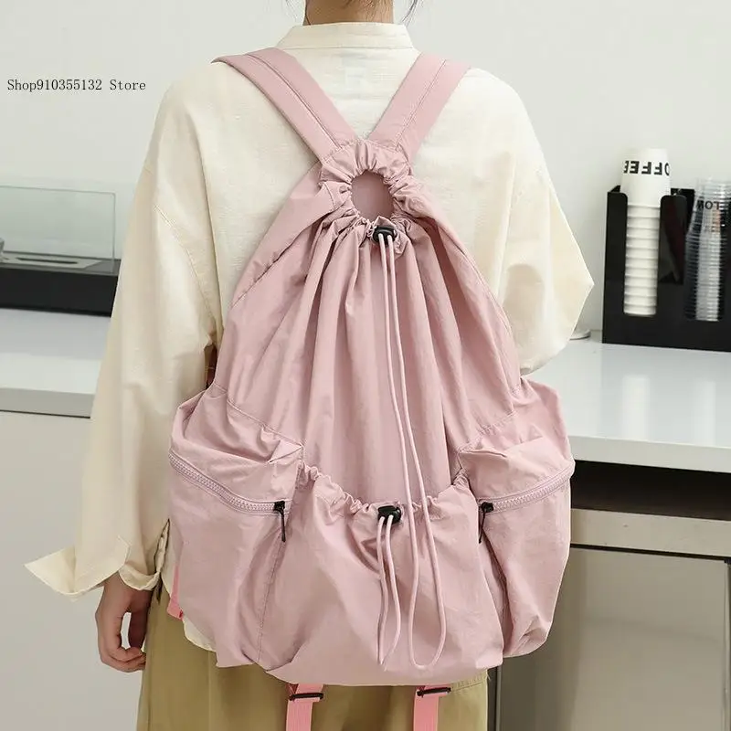 Japanese Casual Simple Pure Color Artistic Canvas Pleated Nylon Drawstring Large Capacity Backpack Woman and Man