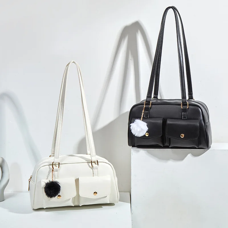 

Женская сумка Boston с двумя карманами, сумка через плечо с декором в виде помпонов, винтажная мягкая кожаная сумка для поездок на работу, легкая роскошная сумка для фотоаппарата