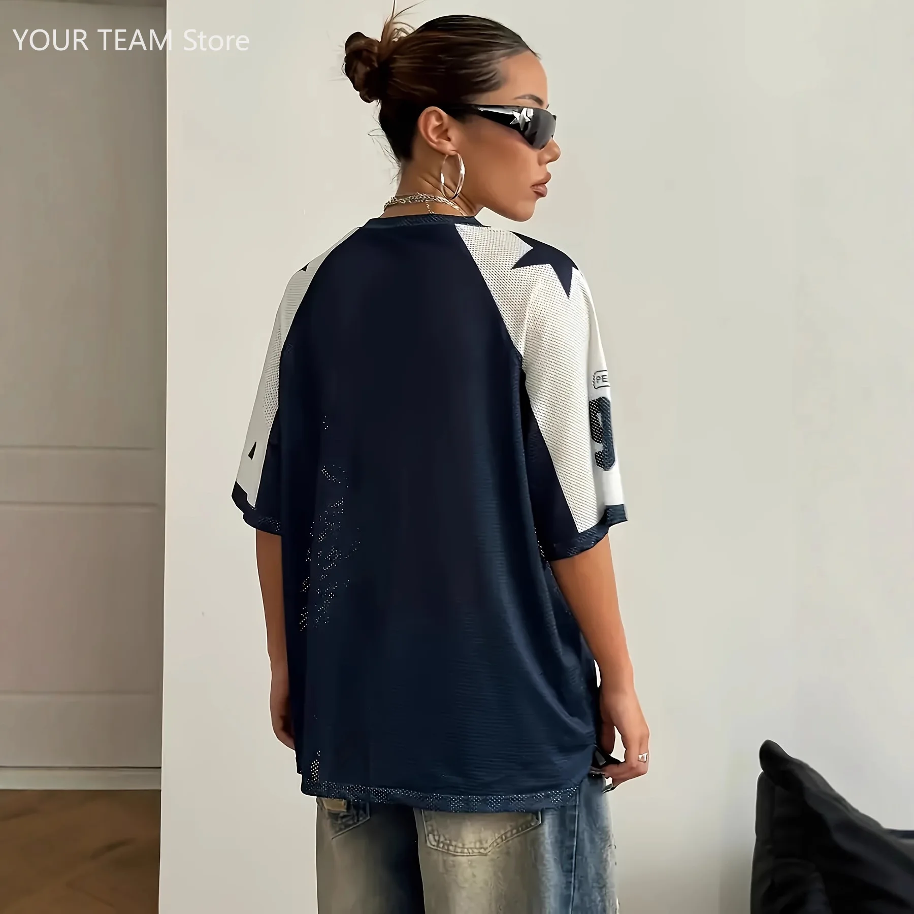 Streetwear Oversized Mesh Short Sleeve JerseyY2KStreet Style Number Print Color Block Sports T-shirt for Streetwear Enthusiasts