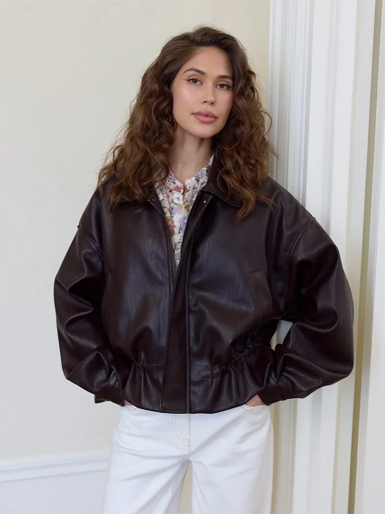 

Womens Chic Lapel Zipper Leather Jacket Women Retro Full Sleeve Loose Short Pocket Coats 2026 Lady Daily Office Street Coat