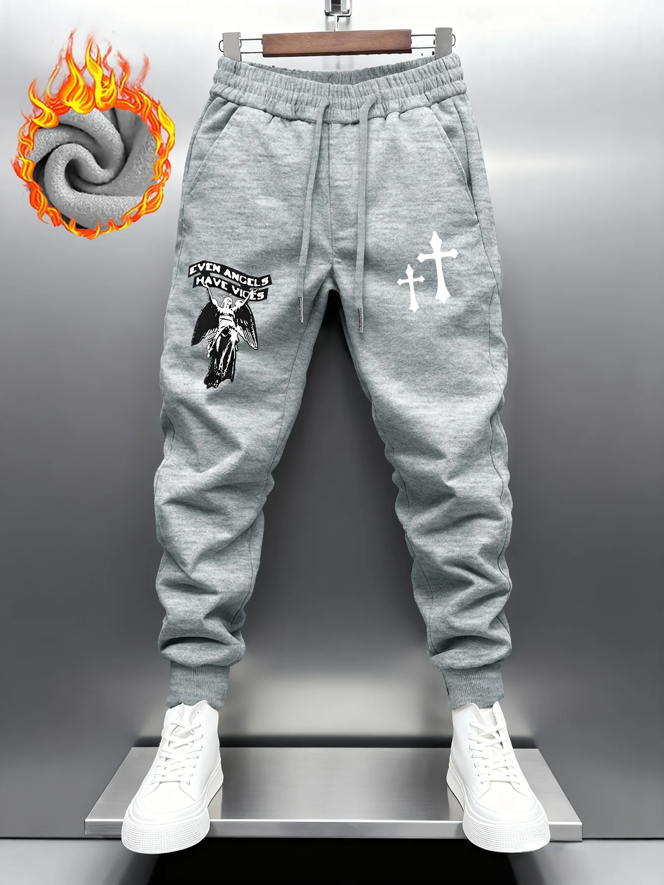Retro‑flavored Dark Aesthetic Cross Figure Decor Graphic Print Comfy Sweatpants Men Hip Hop Sports Jogger Trousers