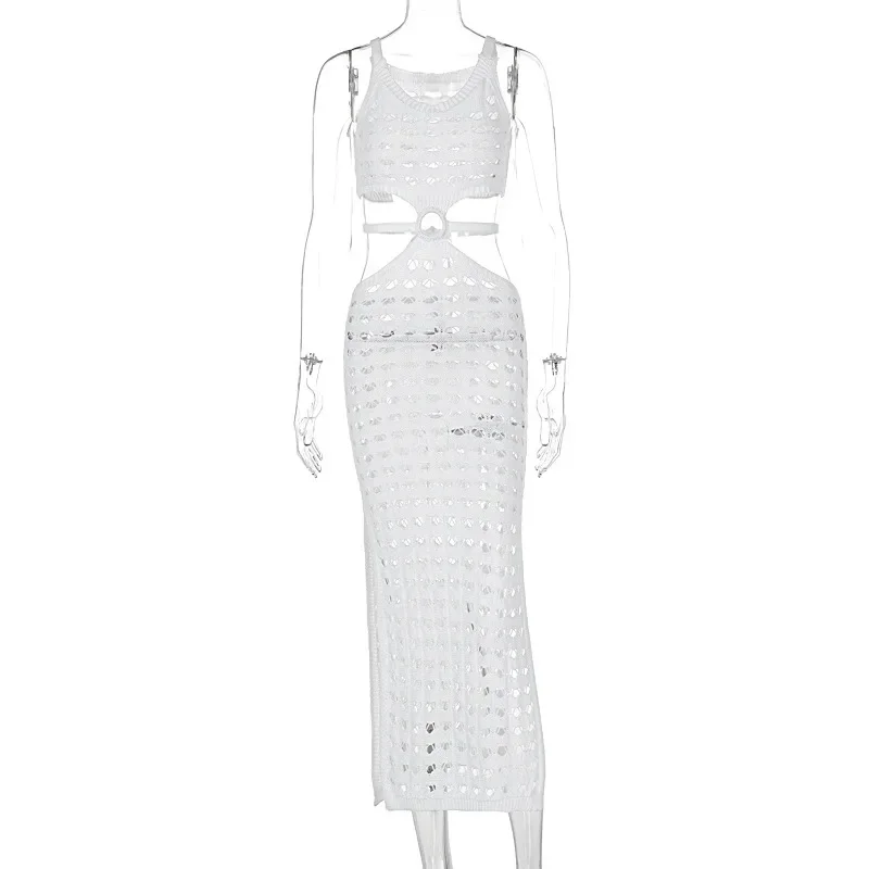 Bangniweigou Crochet Fishnet Sexy Beach Dress Women Summer Sleeveless Waist Cut White Avocado Elegant Split Sheath Knitwear