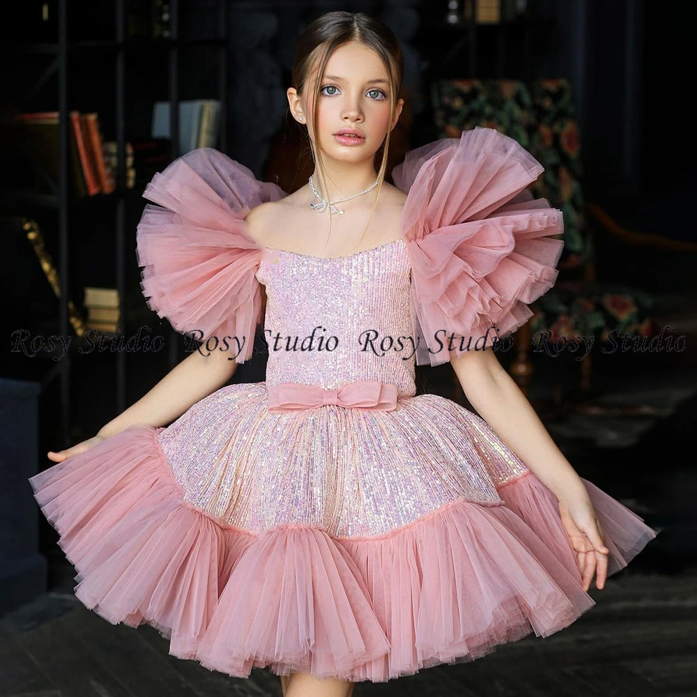 Moda Mini abiti da spettacolo per bambini maniche a sbuffo a-line Mini Pink Flower Girl Dress Princess Baby prima comunione