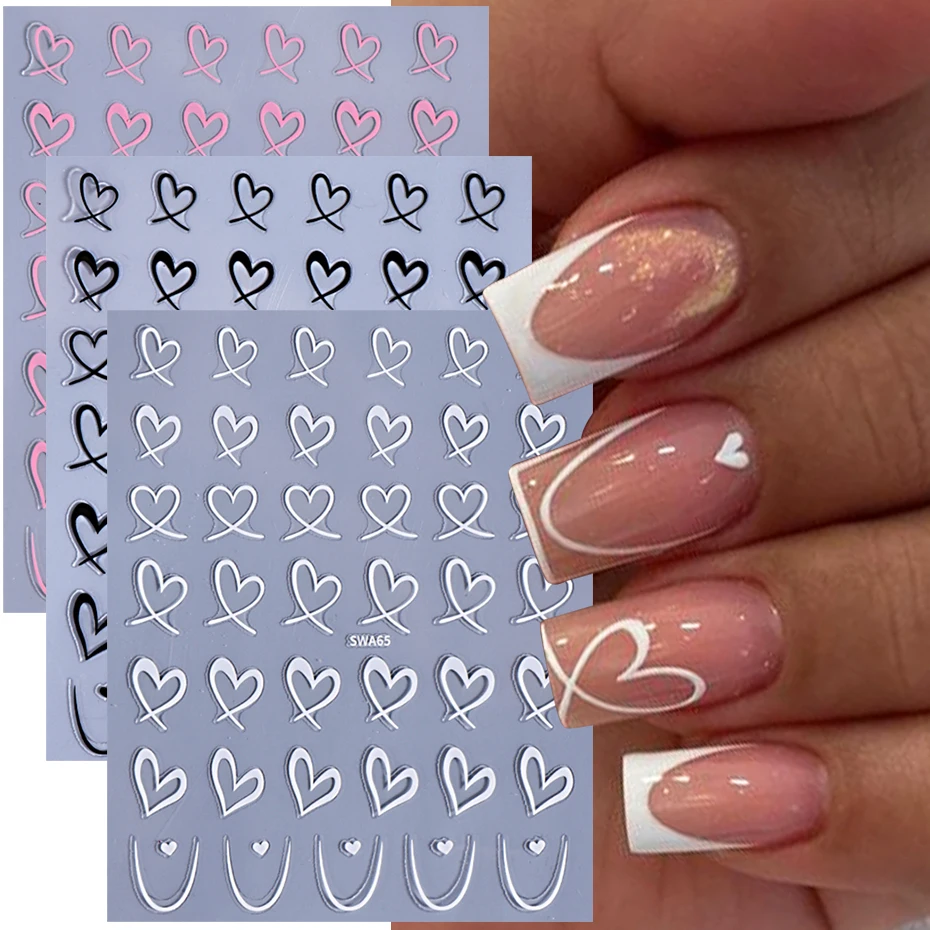 3pcs Valentine's Day Nail Art Stickers 3D Black White Pink Lines Love Heart Nail Decals DIY Adhesive Slider Manicure Decorations