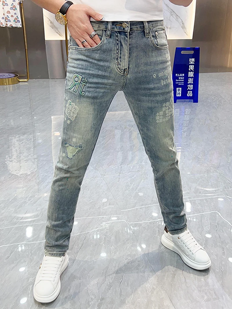 

Faionable Slim Fit Printed Jeans Men's Spring Summer New Sle Light Color Thin Faionable Small Foot Pants