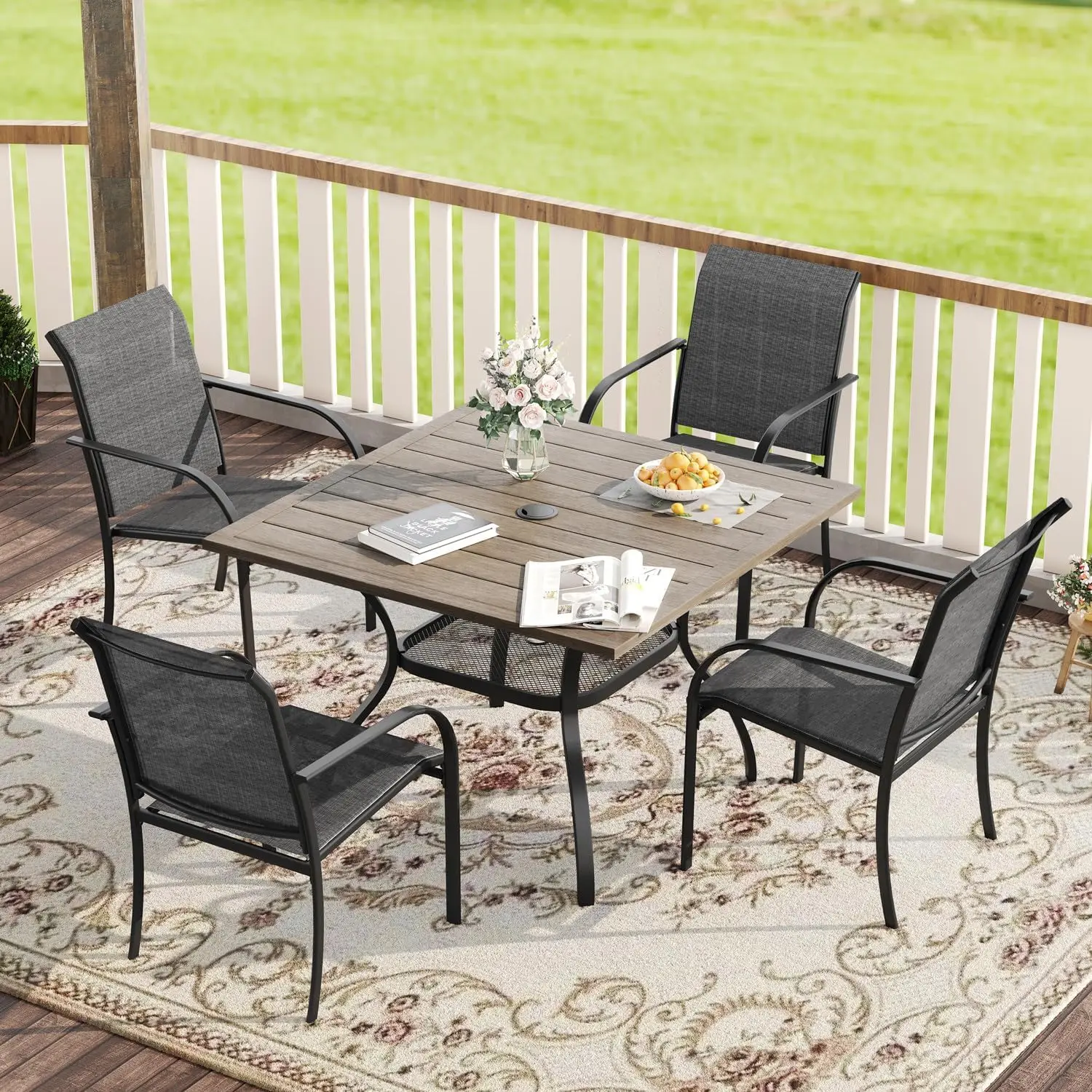5-Piece Patio Dining Set with Square Table & 4 Stackable Sling Chairs, Grey Wood Grain Top, Outdoor Garden Furniture, Customized