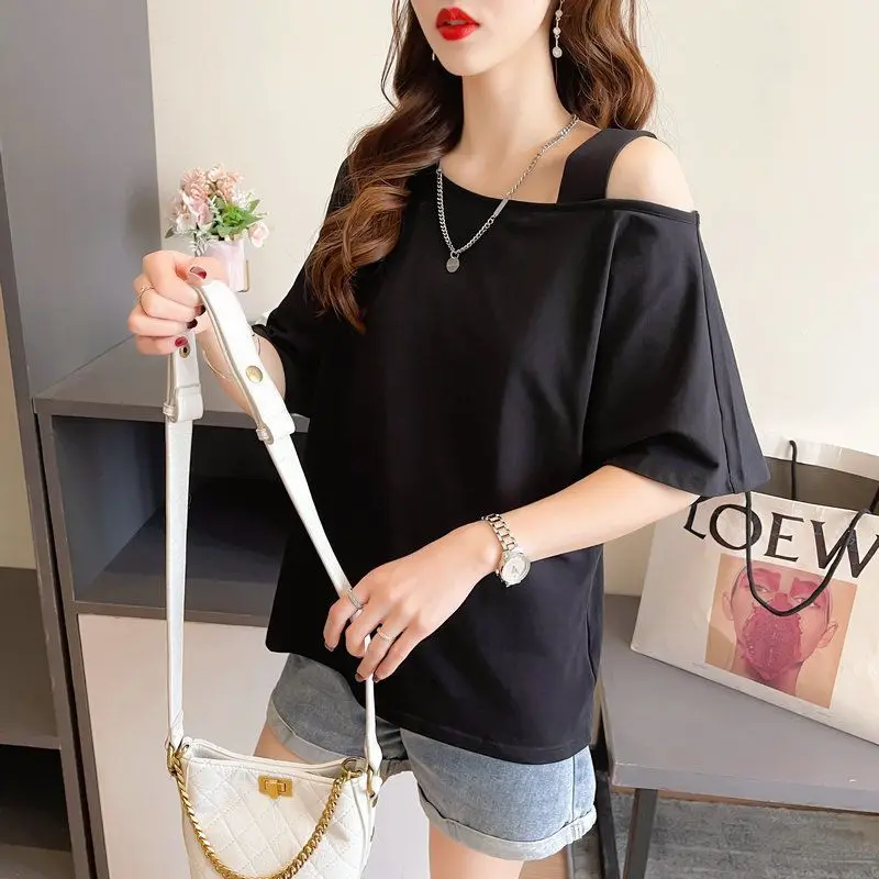 Off Shoulder White Loose T Shirts Summer New Short Sleeve Solid Color All-match Casual Tops Tees Fashion Trend Women Clothing