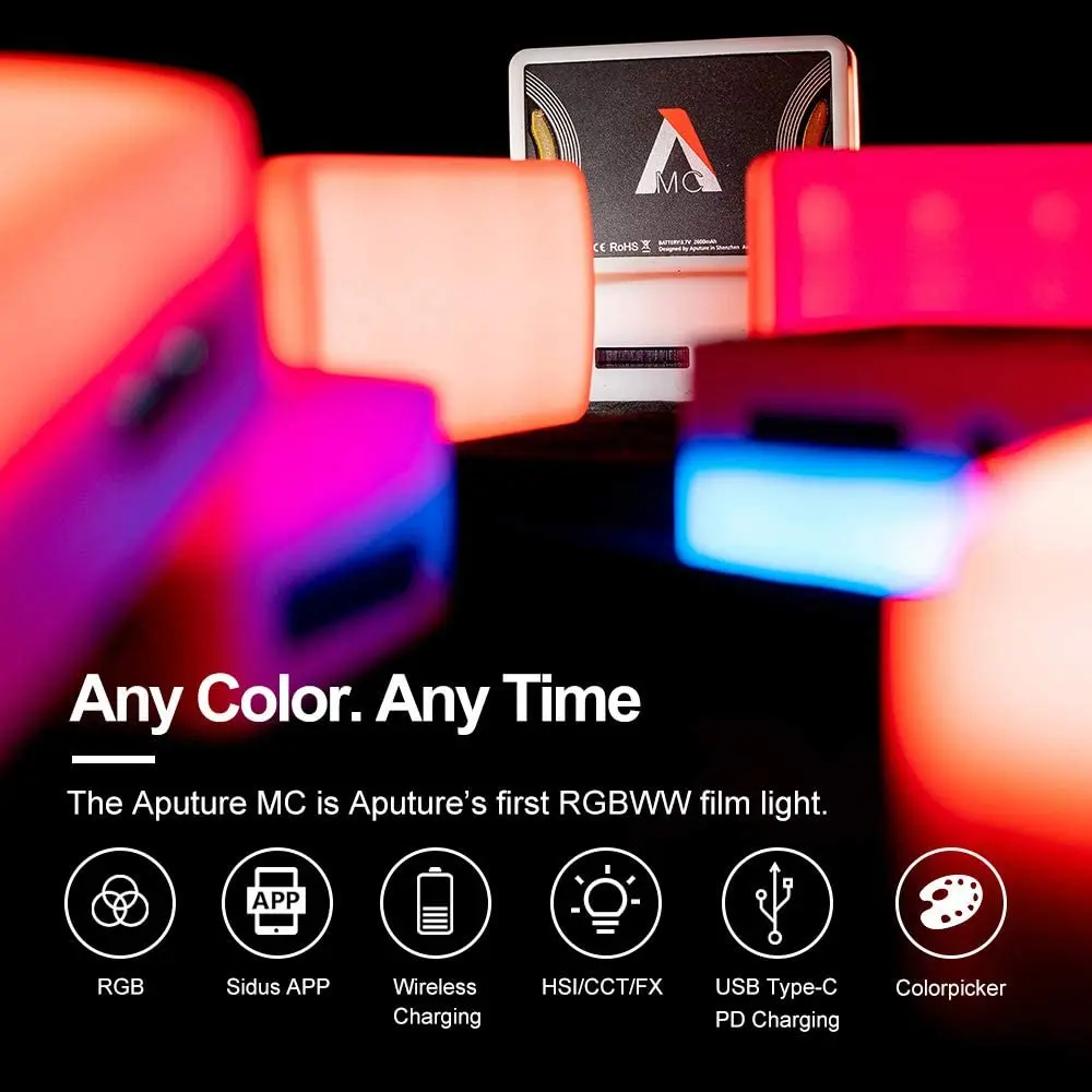 Aputure MC ชุดเดินทาง4ไฟ RGB บนกล้องแฟลชวิดีโอ LED TLCI/CRI 96 + rgbww 3200K-6500K HSI ควบคุมสีพร้อมเคสชาร์จ