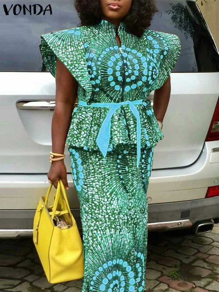 حجم كبير 5XL فوندا البوهيمي طباعة أطقم فساتين المرأة الصيف سستة قصيرة الأكمام خمر مربوط قمصان التنانير الطويلة 2 قطعة وتتسابق #3