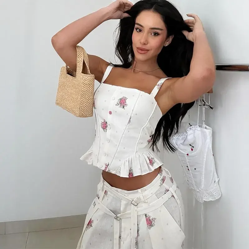 Eleganter bedruckter Damen-Westen-Hosenanzug, ärmelloses Oberteil mit Blumenmuster, plissiert, weit geschnittene Hose, Damen-Set, Sommer-Herbst 2026, Damen-Sets – Detail 5