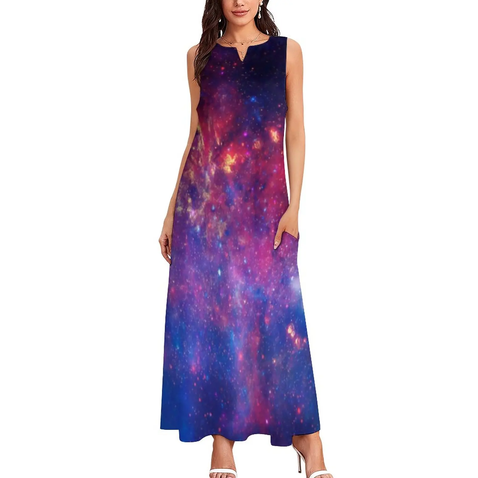 Colorful Night Sky Dress Milky Way Galaxy Sexy Maxi Dress Aesthetic Casual Long Dresses Woman V Neck Graphic Oversize Clothes