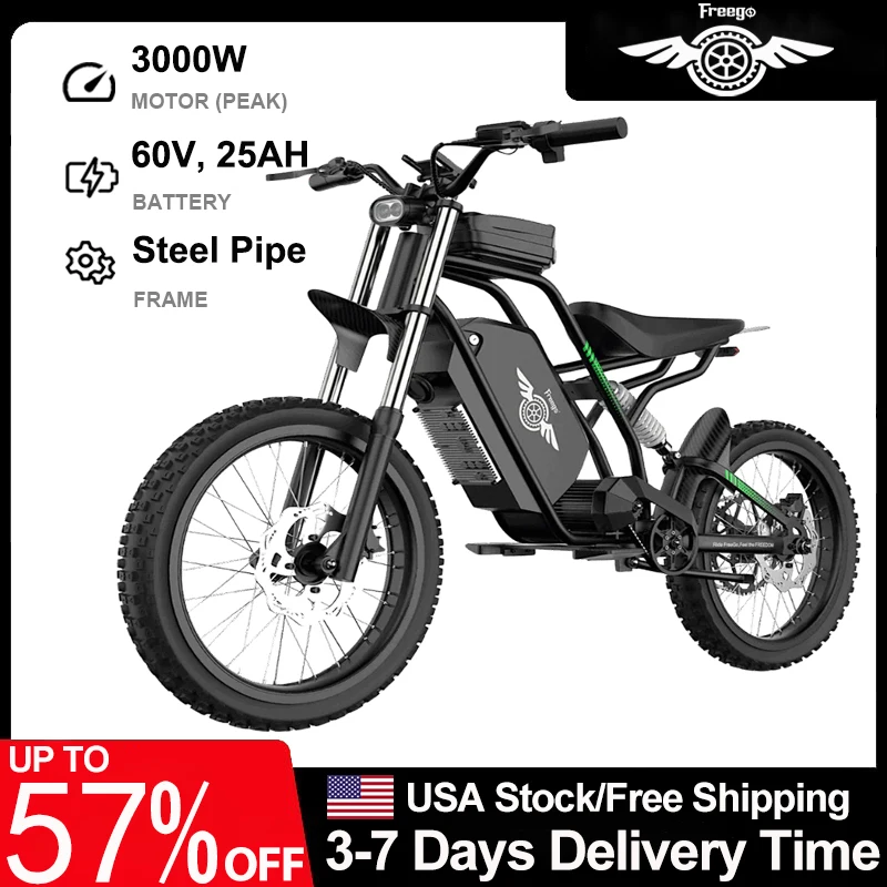

Freego Electric Bike Mid-Drive All-Terrain Dirt Ebike Mountain bike 60V 25AH Bikes Adult Electric Off-Road Bicycle Motocycles