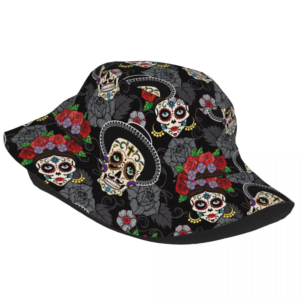 Day Of The Dead Halloween Bucket Hat Summer Beach Vacation Getaway Headwear Sugar Skull Rose Fisherman Hat Bob Lightweight