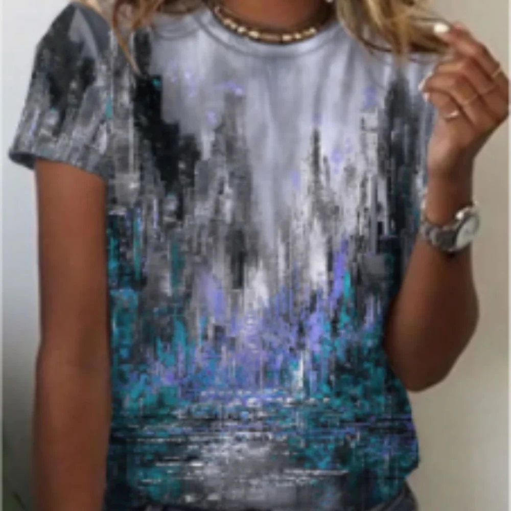 

Women Casual T Shirt 3D Floral Oil Painting Round Neck Short Sleeve Summer Oversized Fashion Sweatshirt Gym Sport Tracksuits Tee