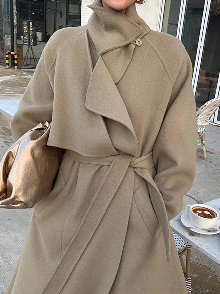 

Retro Chic Winter Long Coat Belted Slimming Warm Woolen Jaet Korean Sle Loose Fit Long Sve Stand Collar Pure Color