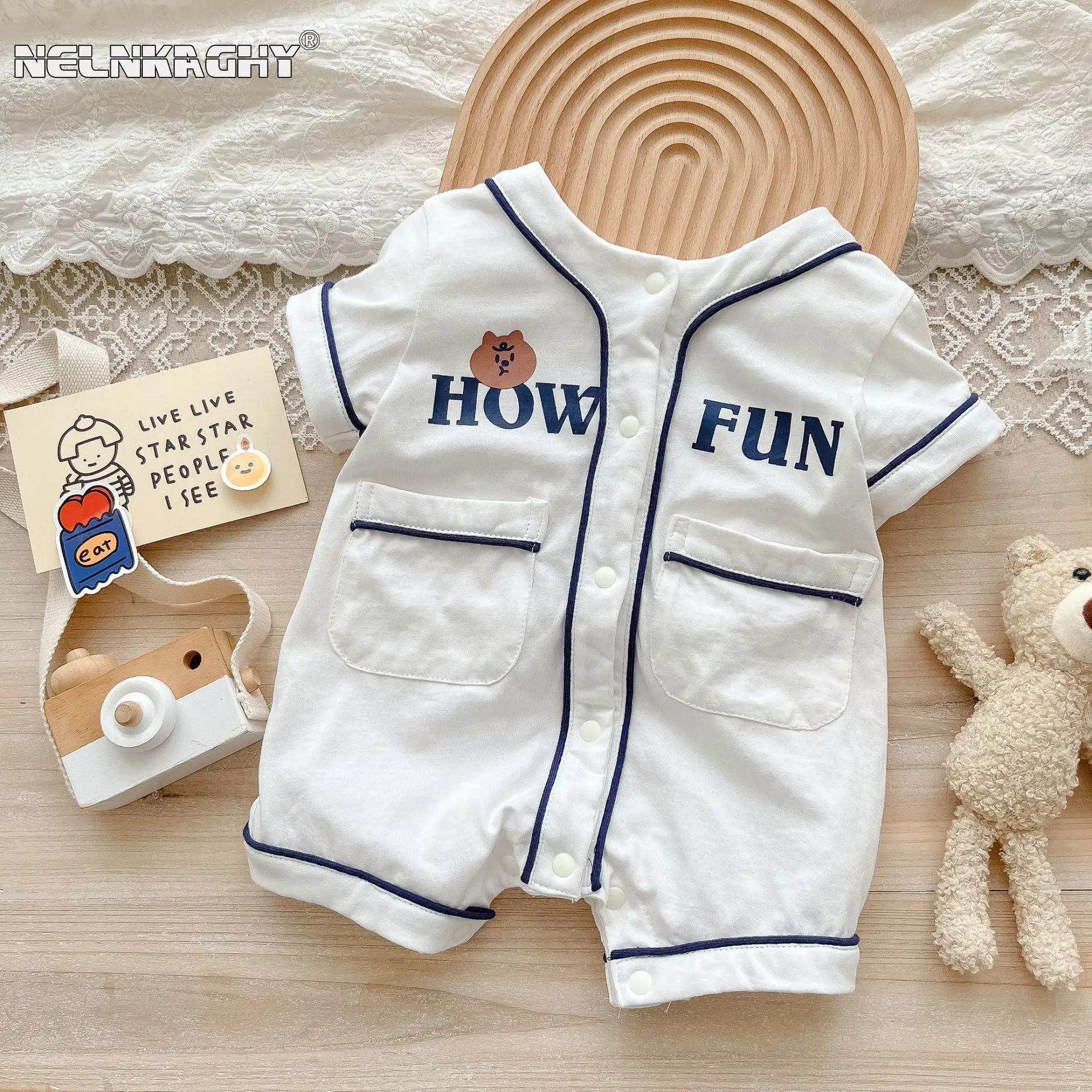 

Summer Newborn Baby Boys Romper Short Sleeve Jumpsuit Onesie Cute Bear Print Infant Toddler Home Clothing