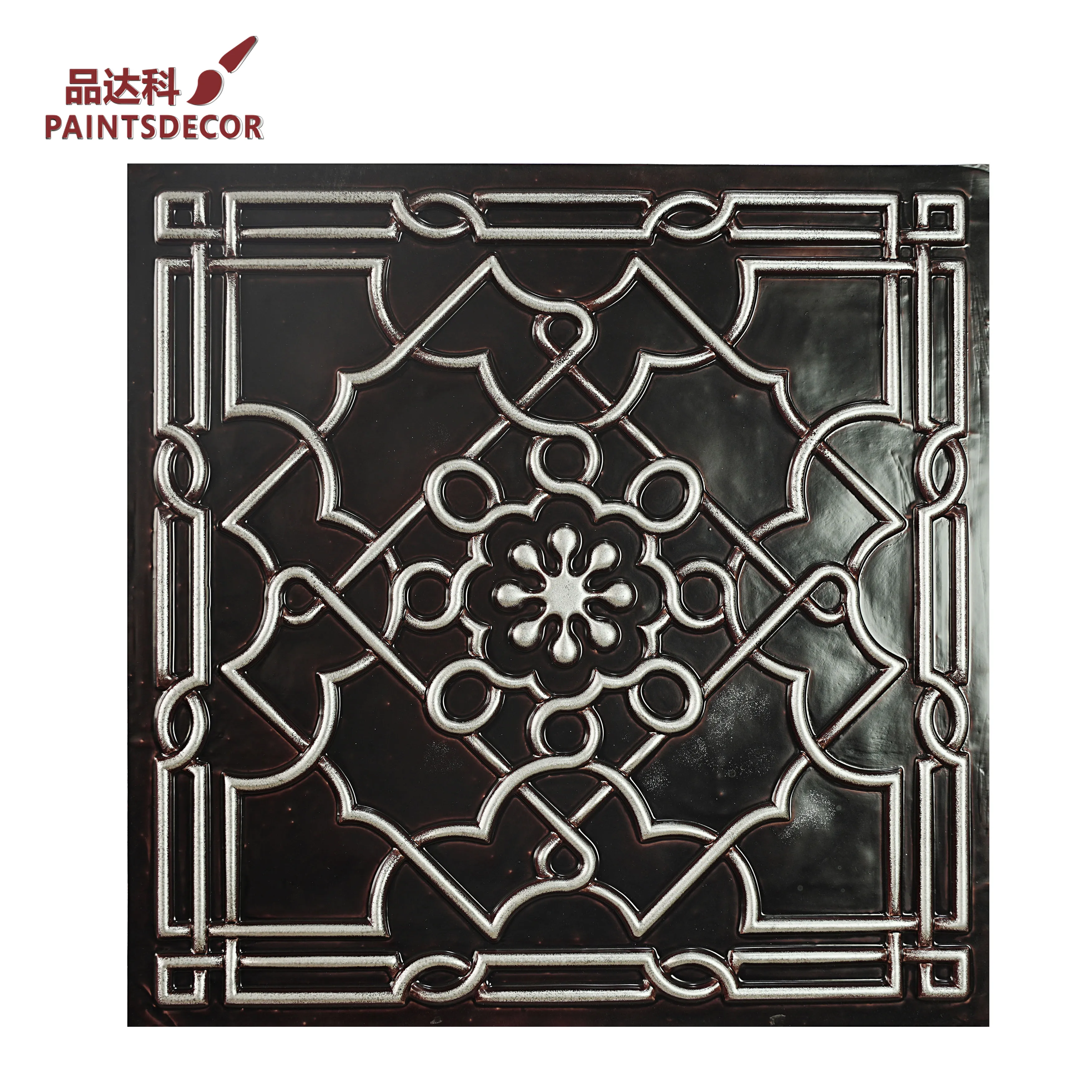 10Pcs Faux Tin Painting Ceiling Tiles PVC 3D Embossed Wall Panels for Cafe Club Decor PL09 Traditional silver PAINTSDECOR